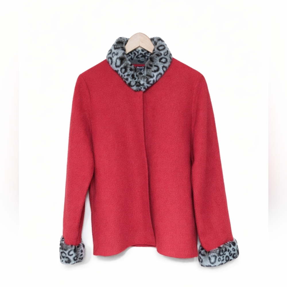 Alexandra Bartlett 100 % Wool Red Cardigan with Leopard Print Accents